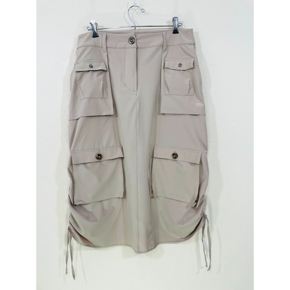 Albion Cargo Skirt Size M Petite Beige Nylon Stretch Travel Midi Ruched Active - Picture 1 of 8